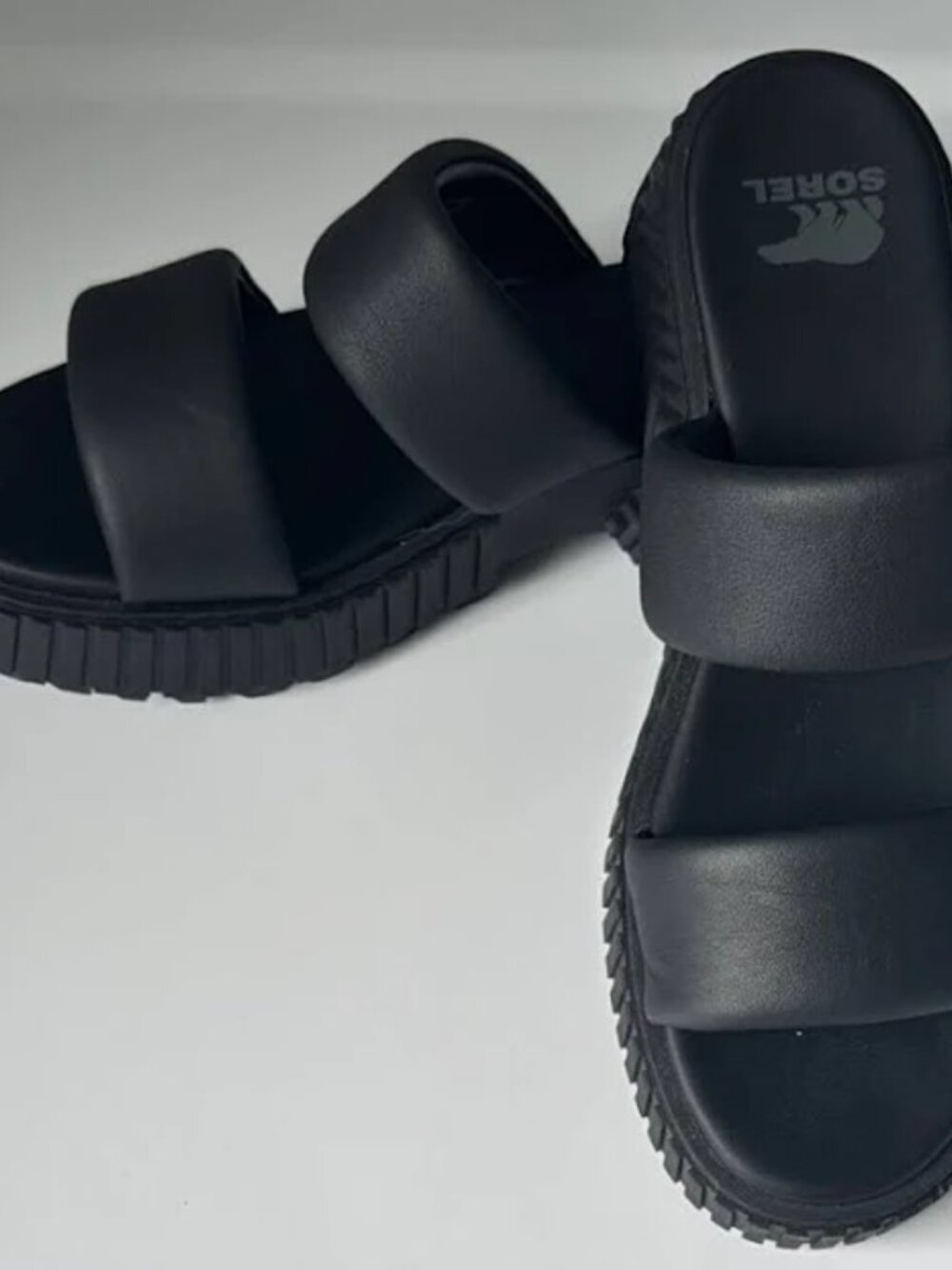 SOREL ONA Streetworks Mid Sandals NIB Platform Leather Slides Women’s 8 Black - Picture 3 of 11